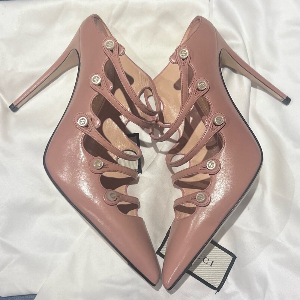Gucci Dusty Pink Strappy Pointed-Toe Stiletto Heels